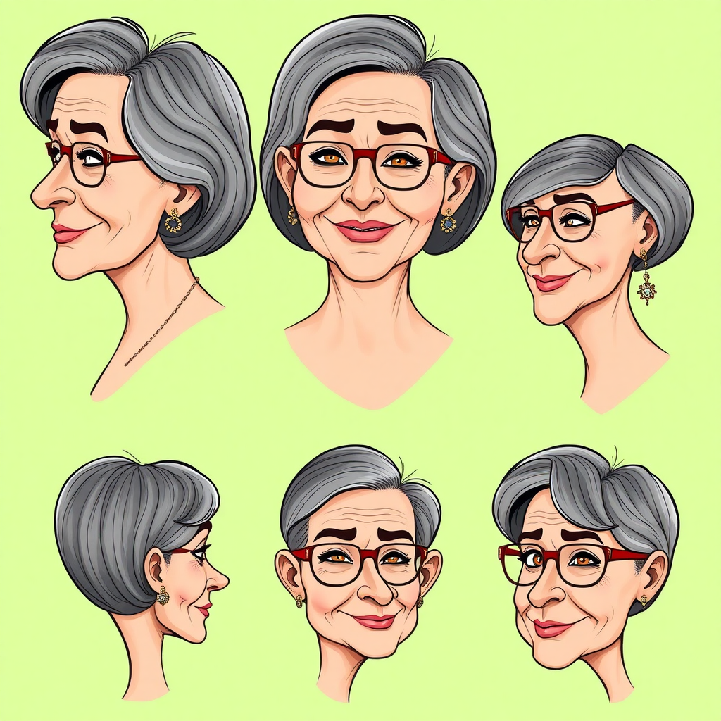 Photorealistic image of six headshots of a 50 Years old, European, Latina, sharp aquiline nose, wrinkles, high cheekbones, Middle Eastern, Skinny, Tanned skin, Dark light skin, full Makeup, jewelry, Sharp nose, frowning, exaggerated cartoon expression, lascive smile, dark grey Ash hair, short bowl haircut, Brown eye color, half closed eyes, round Glasses, with detailed features. Each photo displays the same face in back, profile and front view, cut out and isolated on a green background. All six heads are visible side by side, empty space around each view, no overlapping. 2D, caricature, cartoon, Sketch lines, coloring book style, well composed, clean coloring book page, No dither, no gradient, strong outline, vector illustration.