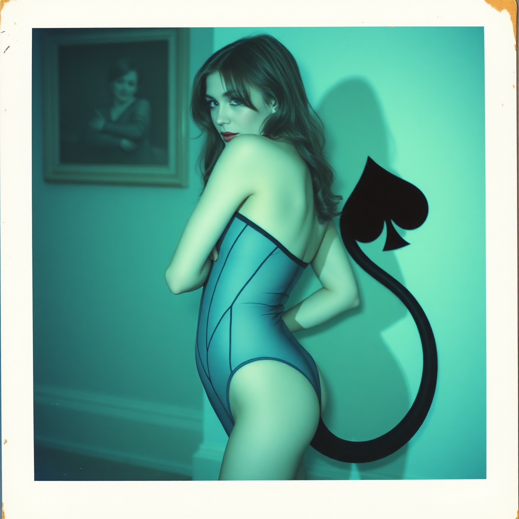 scan of polaroid photograph with visible wear and blue green color tint and heavy vignetting and light leaks depicting a sexy succubus girl with black tail with spade end in bodysuit