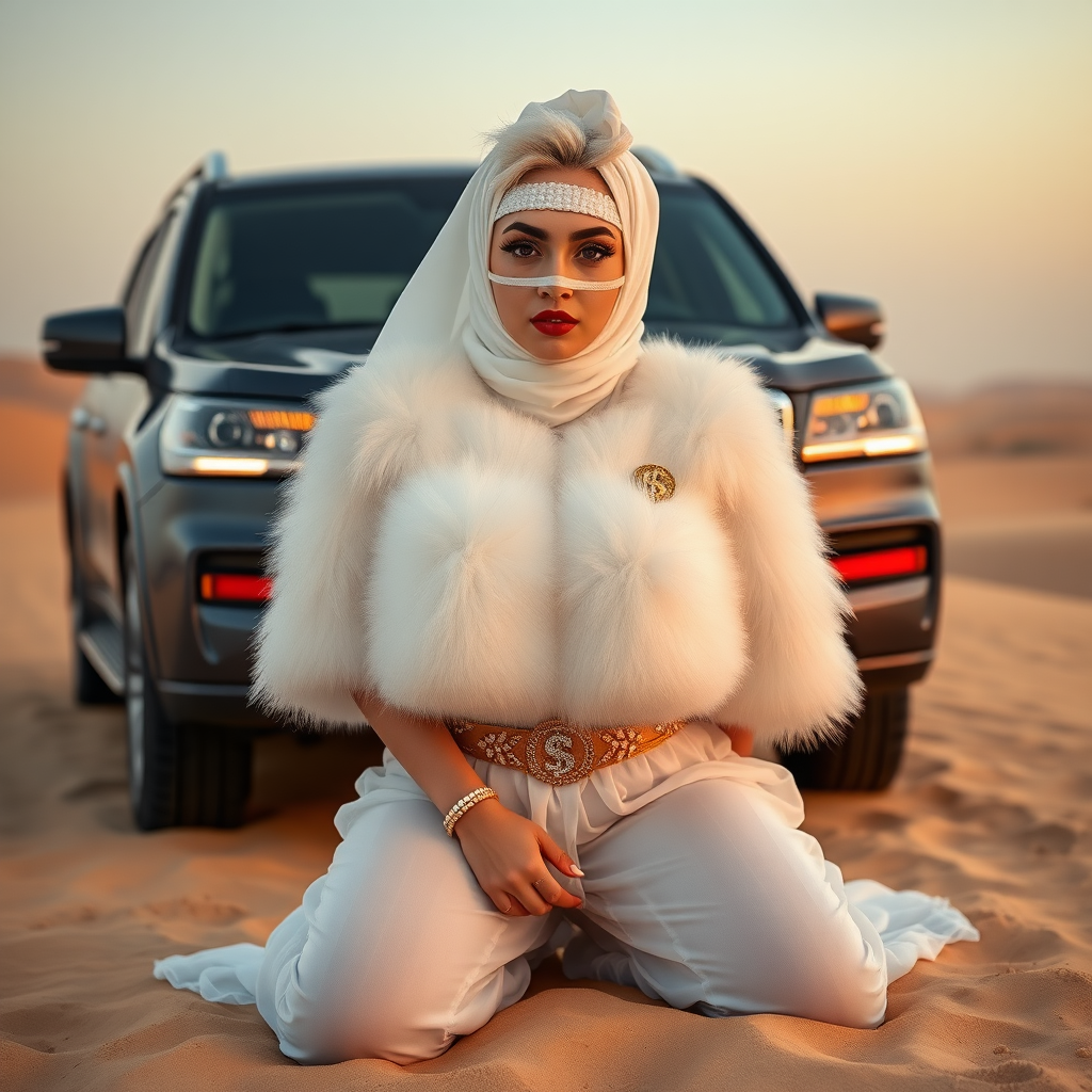 Kuwait desert dunes misty dawn, full size luxury SUV: Melissa, European 17 years old very convincing femboy “trophy-bimbo”, tamed servile docile, very beautiful feminine flawless face, rather short, by hormones very curvaceous womanly figured, platinum blond short tight curls, bold red lips, heavily made-up face, wearing Supertanya-style fluffy very fuzzy bright white angora turtleneck-poncho cropped ending under bust decorated with pearls and gemstones, striking oriental wide gold bridal protection belt, white fully transparent harem pants, full Oriental bridal jewelry, face covered by white transparent full Burka, coin anklets, striking diamond “$$$” letter brooch on left chest, pout frustrated, hands tied behind back, kneeling in sand in front of SUV, looking at camera. Focus on face and turtleneck-poncho.