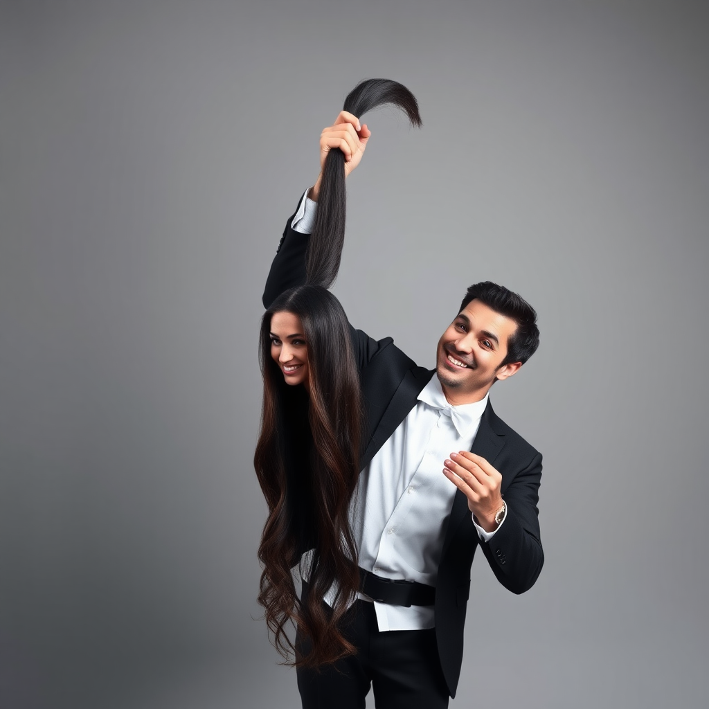 A surreal image of a smiling male magician standing to the side while holding up the disembodied head of a very long haired Meghan Markle by her hair to display it to the camera. He is grabbing her very long hair and pulling it up high in the air, while her head is hanging by her hair from his grasp. Plain gray background.