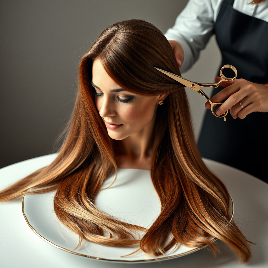 In a bizarre, surreal tableau, the polished surface of an elegant dining plate cradles the disembodied head of a strikingly beautiful Kate Middleton, her long, flowing hair cascading like a glossy waterfall of deep chestnut and honey highlights. The hair is luxuriously arranged, strands shimmering under the soft, ambient light that bathes the scene in an ethereal glow.

A skilled hairdresser, clad in a sleek black apron, stands poised with a pair of gleaming scissors, carefully trimming the endlessly luxurious locks that frame Kate's serene, almost ethereal features. The air is thick with the scent of salon products mingling with delicate hints of floral fragrances, creating an unusual yet strangely inviting atmosphere. The hairdresser's focused expression reveals a meticulous dedication as snippets of hair fall gracefully onto the pristine plate, echoing a sense of both artistry and absurdity.

The overall emotional tone conveys a dreamlike quality, inviting viewers to ponder the juxtaposition of beauty, identity, and the bizarre circumstances that bind them in this extraordinary moment.