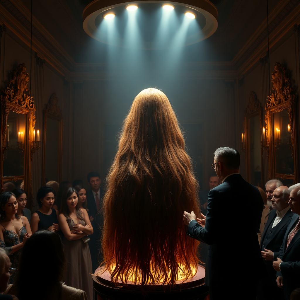 In an enchanting exhibit of a unique long hair fetish museum, a stunningly elaborate magic trick captivates the audience’s attention. At the center of the dimly lit space, a gracefully illuminated stand showcases the ethereal figure of Beyoncé’s disembodied head, framed by cascading waves of her lustrous, very long hair that cascades down like shimmering silk. The hair, glistening under soft, warm spotlights, exhibits hues of deep mahogany with subtle hints of golden highlights, creating an almost hypnotic effect.

Surrounding the stand, walls adorned with gorgeous, vintage mirrors reflect the shimmering locks, amplifying their beauty and allure. The hushed whispers of intrigued onlookers blend with the distant soft strains of classical music, enhancing the atmosphere of wonder and awe. The air is scented lightly with a blend of fresh flowers and rich sandalwood, creating a serene environment that feels both magical and slightly surreal.

As the audience watches, the hair seems to sway gently, as if a life of its own, evoking a sense of wonder and curiosity. The performer, dressed in an elegantly tailored suit, adds to the mystique as they skillfully manipulate the setup, their swift movements punctuated by gasps of disbelief and excitement from the crowd. This moment encapsulates a fusion of artistry and illusion, capturing both the essence of beauty and the intrigue of the extraordinary.