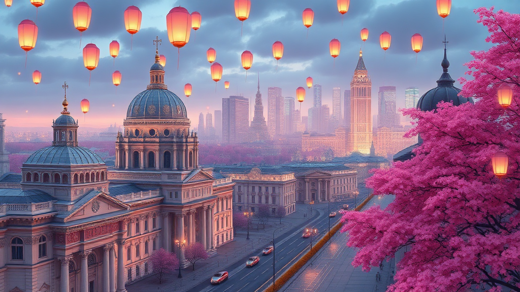 This anime art concept in 8k resolution brings to life a cityscape that blends historical grandeur with futuristic innovation. The city, inspired by Russian Tartarian architecture, features majestic structures with ornate details and intricate designs, showcasing an opulent and storied past.

The foreground reveals immaculate streets lined with grand cathedrals and dome-shaped white buildings, each one a marvel of architectural beauty. These buildings, with their elaborate facades and towering spires, reflect the rich cultural heritage of the city.

In the distance, modern technologically advanced metropolis buildings glow with vibrant lights, contrasting sharply with the historical architecture. Their sleek, futuristic designs add a dynamic and forward-looking element to the scene.

The sky is adorned with floating lanterns, drifting gracefully and casting a warm, magical glow over the city. Pink foliage adds a touch of whimsy and elegance to the landscape, with vibrant hues enhancing the dreamlike quality of the scene.

Bubble-shaped vehicles glide smoothly across the landscape, showcasing advanced transportation technology while seamlessly integrating with the city’s aesthetic. These vehicles move along clean, well-maintained streets, highlighting the city’s blend of tradition and innovation.

Overall, the scene is framed by the ice wall, hinting at the fascinating world beyond and adding a sense of grandeur and mystery to the composition. This exquisite portrayal captures both the historical richness and futuristic vision of the city, creating a captivating and immersive experience.