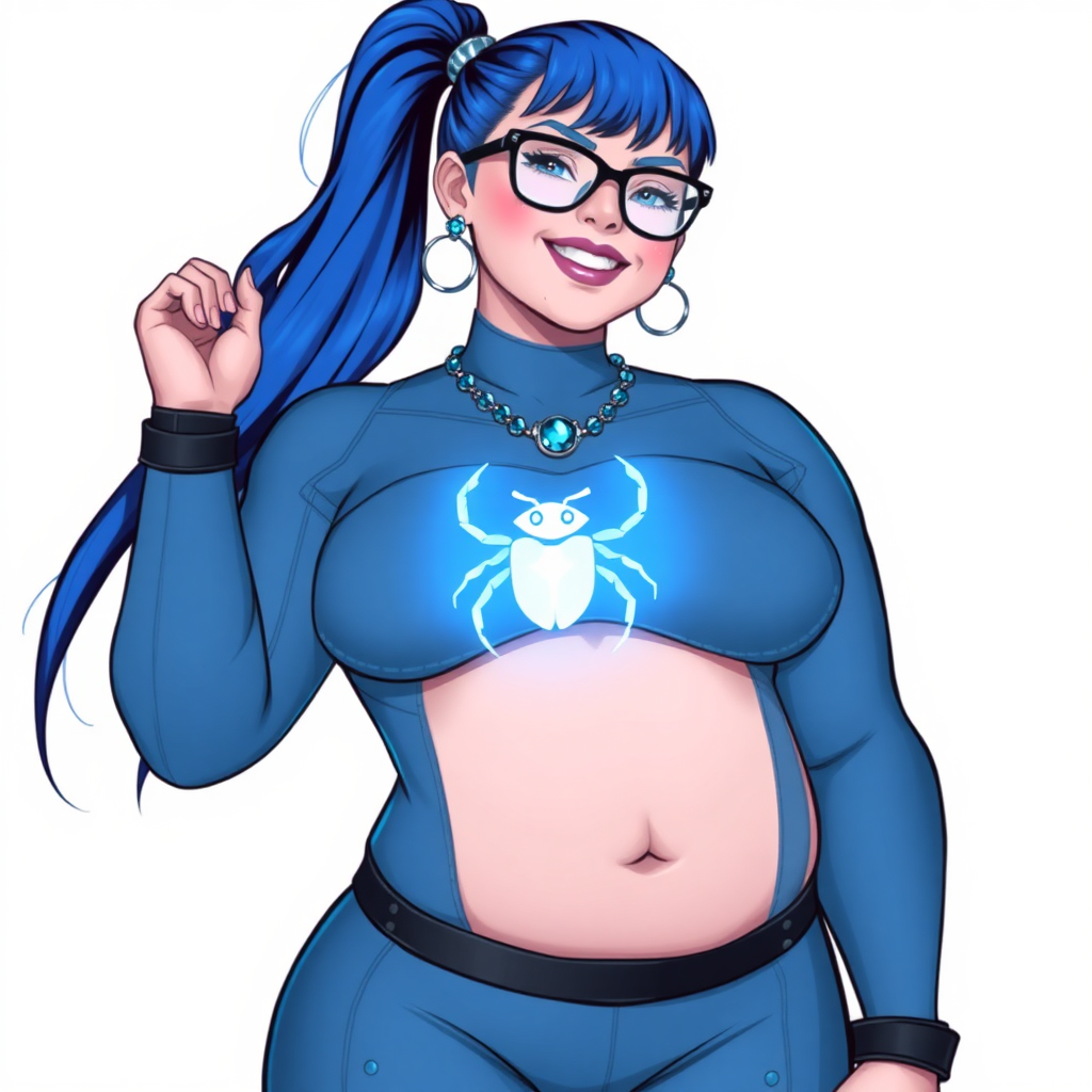 A cyberpunk vigilante’s 28-year-old nerdy full-figure 5PB (Maximum Blue) skinned computer program hybrid digital sidekick and loyal girlfriend. She has a long 5PB (Maximum Blue) ponytail and 5PB (Maximum Blue) skin that blends with her outfit appearing to merge together into computer data. She wears maximum blue lipstick, blue eyes, a sapphire beetle gemstone necklace, sapphire earrings, black eyeglasses, and a digital, computerized, 5PB (Maximum Blue) bodysuit featuring a neon blue glowing chest icon of a scarab beetle accentuating her prominent, well-rounded, gargantuan midsection. She sports a beaming smile with a neon red blush. She serves as his minicomputer operating in his hi-tech wristwatch and supercar's onboard computer using her ability to hack into machines and computer to relay vital mission information. The background is solid white. She is drawn as if she was in a retro 2D cyberpunk fighting game. Her midsection is ballooned to fully emphasize her full-figured physique.