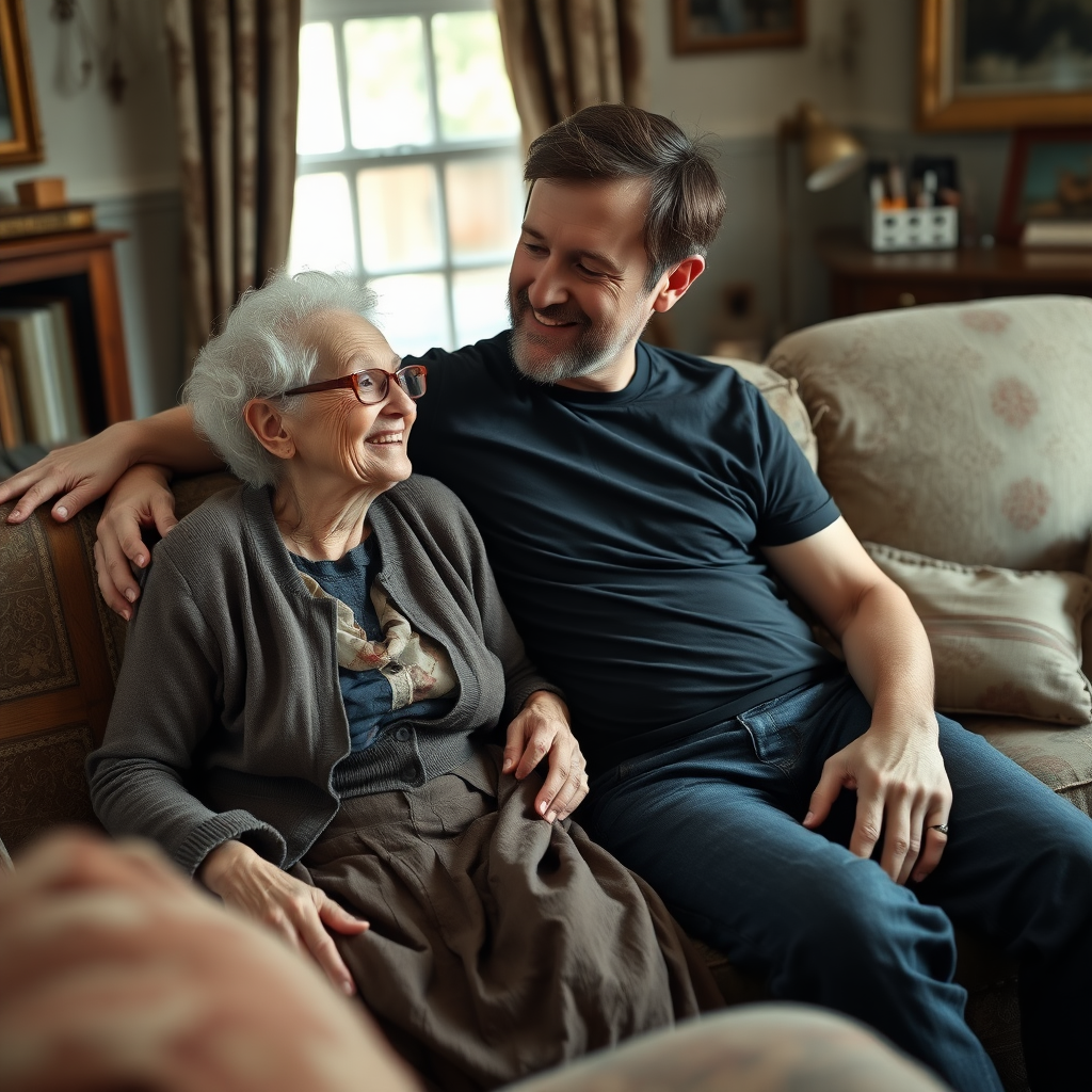 In a scene viewed from an angle and slightly above: In an old-fashioned English living room, a very frail and thin, very elderly English lady with a kind smile, short, thinning white curly hair, wrinkled face, neck and skin, wearing thin framed glasses, an old cardigan, blouse and long skirt is sitting on a sofa with an English man about 40 years old, grey stubble on his chin, brown hair, sitting close next to her on the same sofa, wearing a black T-shirt and dark blue jeans. The man and woman are smiling at each other. The woman is looking at the man's eyes and smiling. The man is looking at the woman's eyes and smiling.