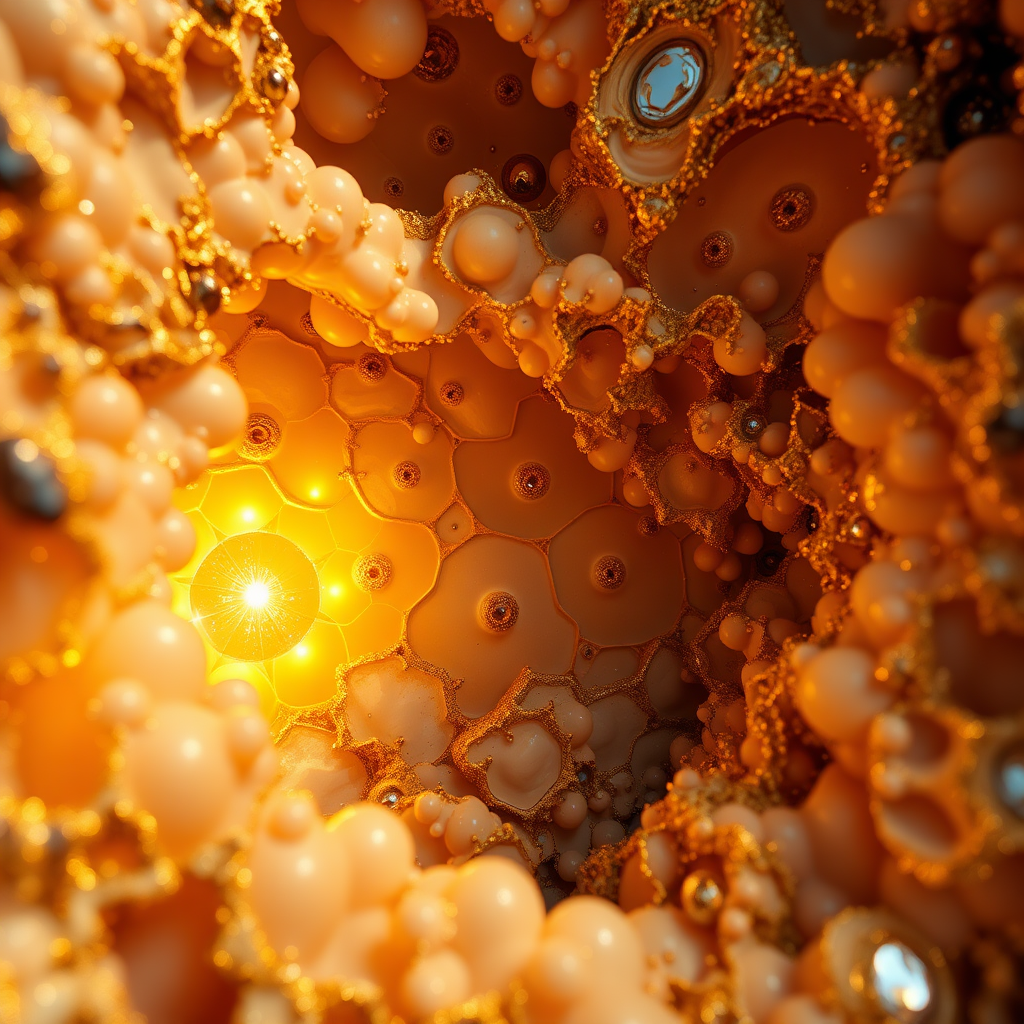 high quality photo, intricate environment, ultra-detailed, impressionistic, dynamic composition, artistic photograph, geode, alabaster, gold, fractal, intense colors, glittering, sunlight, illumination, transparency, mandelbulb