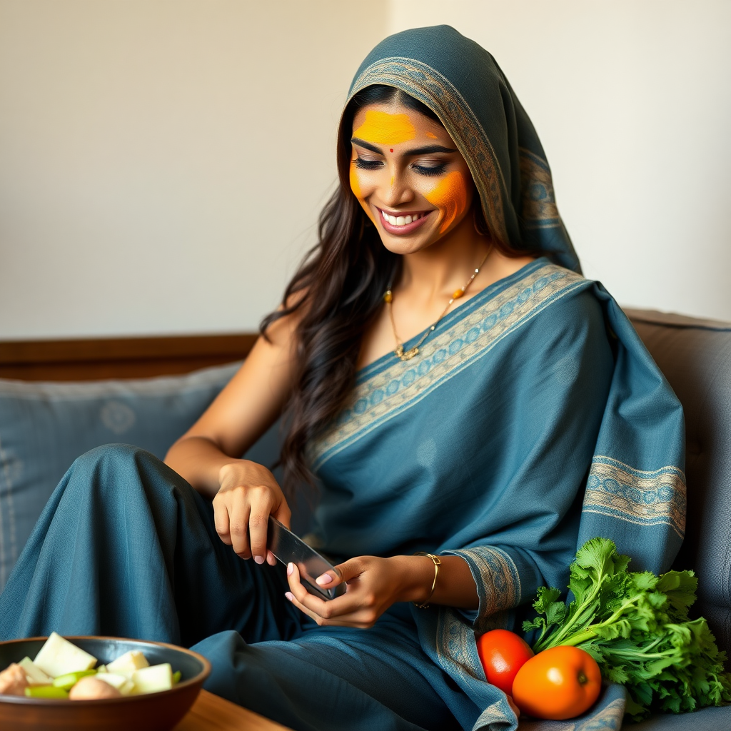 slim, 30 year old, modern indian wife with hair covering, turmeric paste on her face. she is sitting on a sofa and cutting vegetables