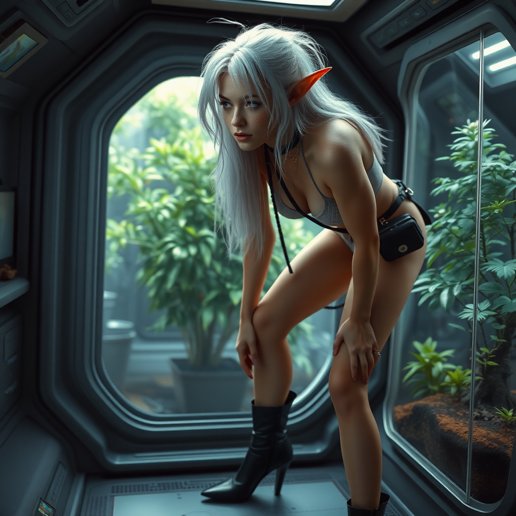 A full body shot of a pretty twenty-something elf girl with a face resembling (ana de armas). pale, freckles, messy long white hair. crop top, thong, cyberpunk 2077, space station, food terrarium, high heel ankle boots, collar, purse and jewelry. Photorealistic digital matte painting, soft focus, film grain, lens flare. She is bent over, looking through glass at green trees.