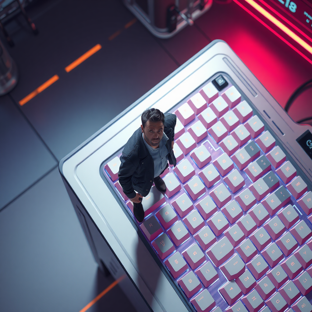 Stylized sci-fi digital art. High view angle. Small man standing on table near a futuristic keyboard that looks huge compared to him. Looking up at the viewer with arrogance.