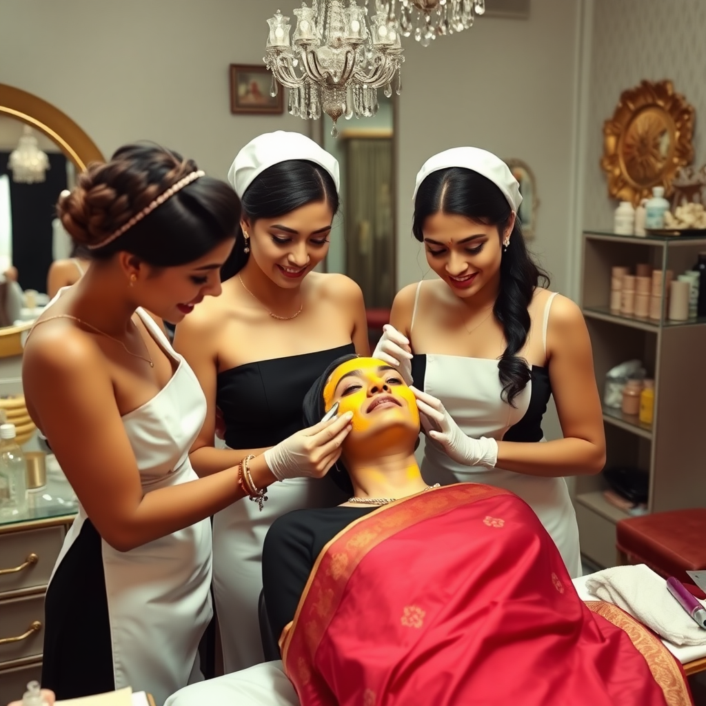 2 slim French maids, working in a beauty parlour, giving turmeric facial to a rich Indian wife.