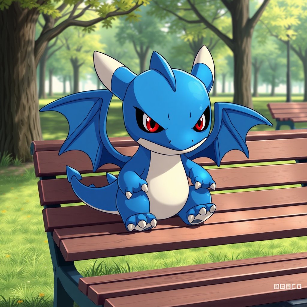 An anime blue small dragon with two legs, two arms, black angry eyes with red pupils and wings sitting on a bench in a park.