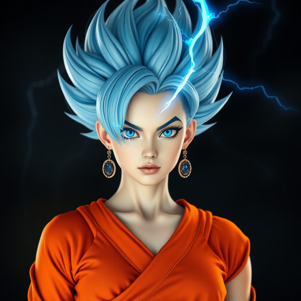 A female Super Saiyan Sacred clothing Hand-made style There is blue lightning in the hair Beautiful appearance