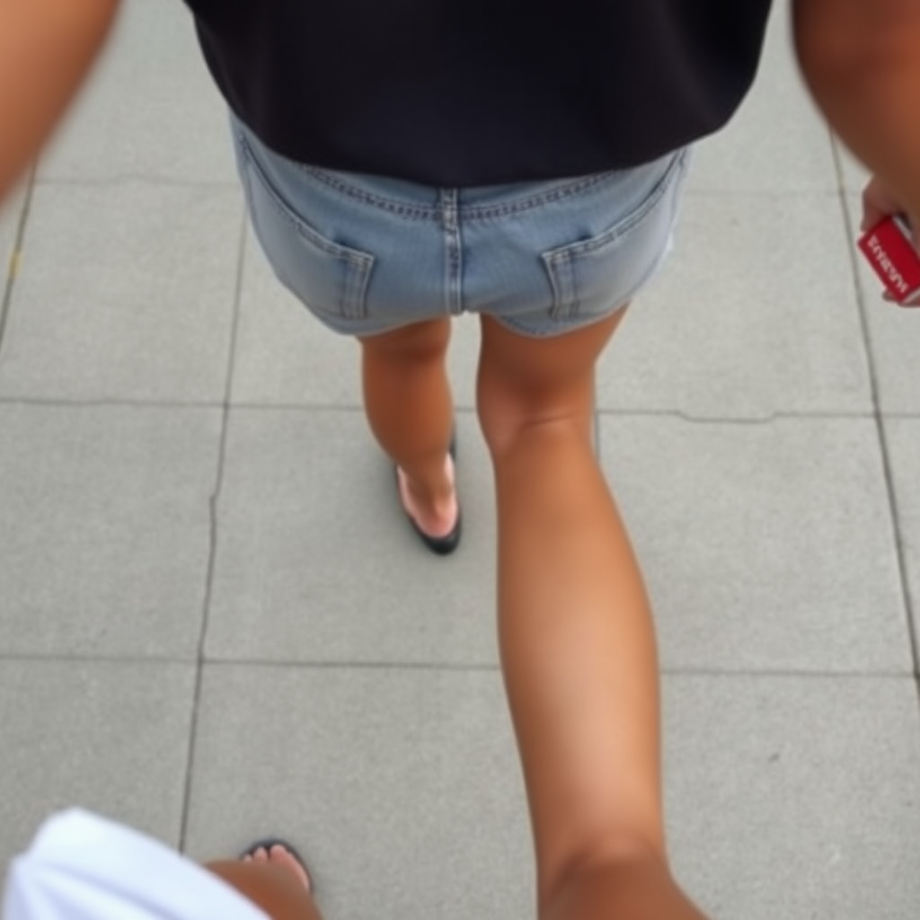 first person view from above, short shorts, bare long slender legs, walking,