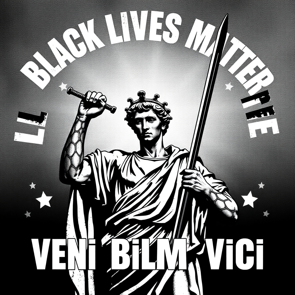 Black Lives Matter (BLM) is a decentralized political and social movement  
Art. Roman statue with a sword posing and 'Veni Vidi Vici' around it