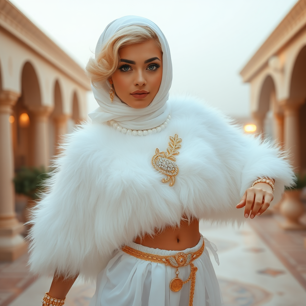 Kuwait desert palace harem patio misty dawn: Melissa, European 17 years old very convincing femboy “trophy-bimbo”, tamed servile docile, very beautiful feminine flawless face, rather short, by hormones very curvaceous womanly figured, platinum blond short tight curls, heavily made-up eyes, wearing Supertanya-style fluffy very fuzzy bright white angora turtleneck-poncho cropped ending under bust decorated with pearls and gemstones, striking oriental wide gold bridal protection belt, white fully transparent harem pants, full Oriental bridal jewelry, face covered by white sheer full Burka, coin anklets, striking diamond “$$$” letter brooch on left chest, pout frustrated, seductively dancing for the sheik, looking at camera. Focus on face and turtleneck-poncho.