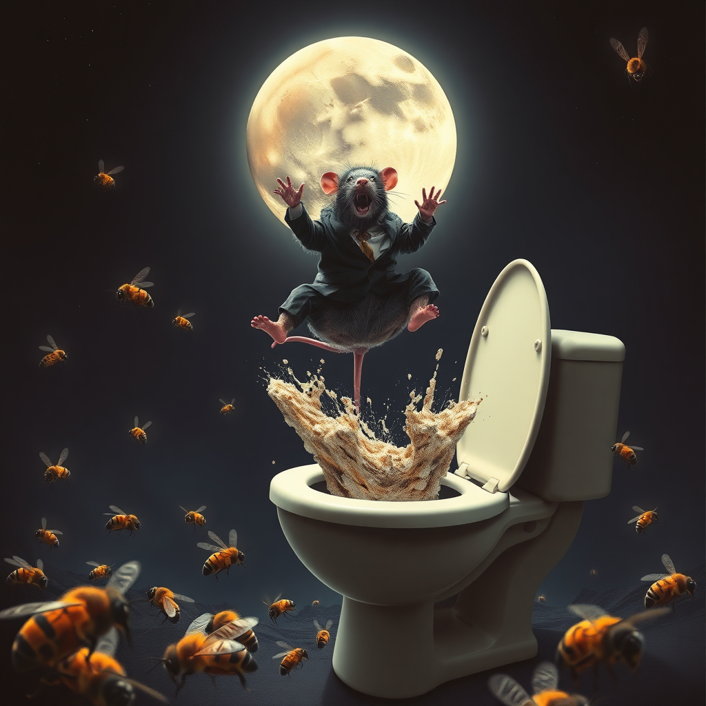 A rat politician diving off the moon into a toilet, bees, 2000s musical movie poster, no text, cyberpunk