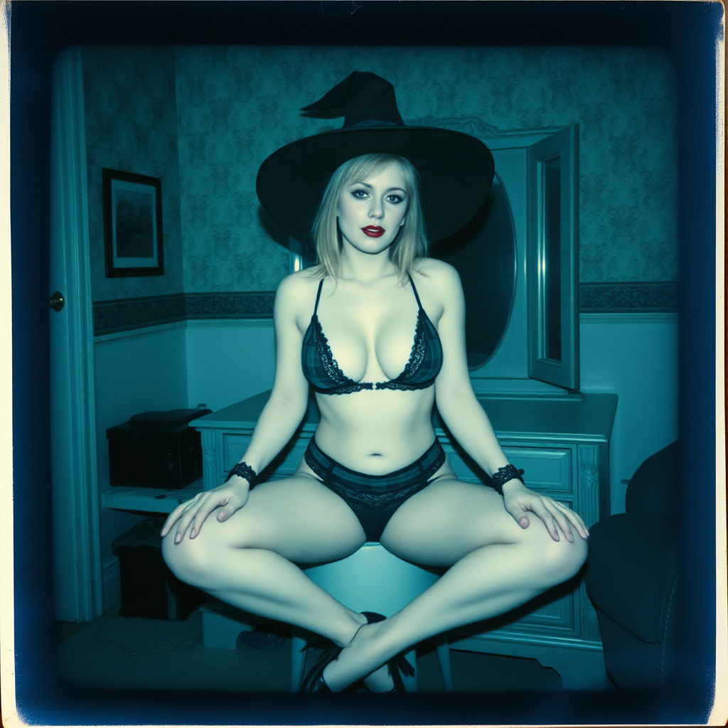 can of an old polaroid photo with heavy dark vignetting and a blue color tint to the photograph and visible light leaks. The photo depicts a sexy alt goth woman with pale skin. She has large breasts with ample cleavage and is wearing a plaid bra with triangle shaped cups. She is wearing a witch hat. The image looks hazy and grungy. She is in an old house with wallpaper on the walls. Dark lighting with camera flash used. Candid. she is wearing a tiny revealing lace thong. She is sitting on a builtin vanity with a mirror with her knees spread apart. She is wearing black high heels