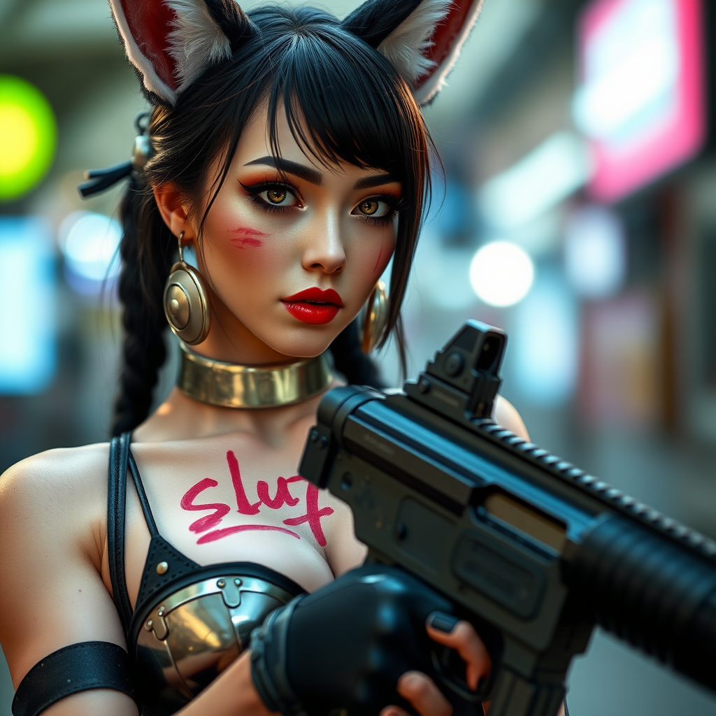 Real life photo of a cyberpunk waifu, she has “slut” written on her skin with lipstick. She is holding a big gun, she has fox ears, metal nipple covers.