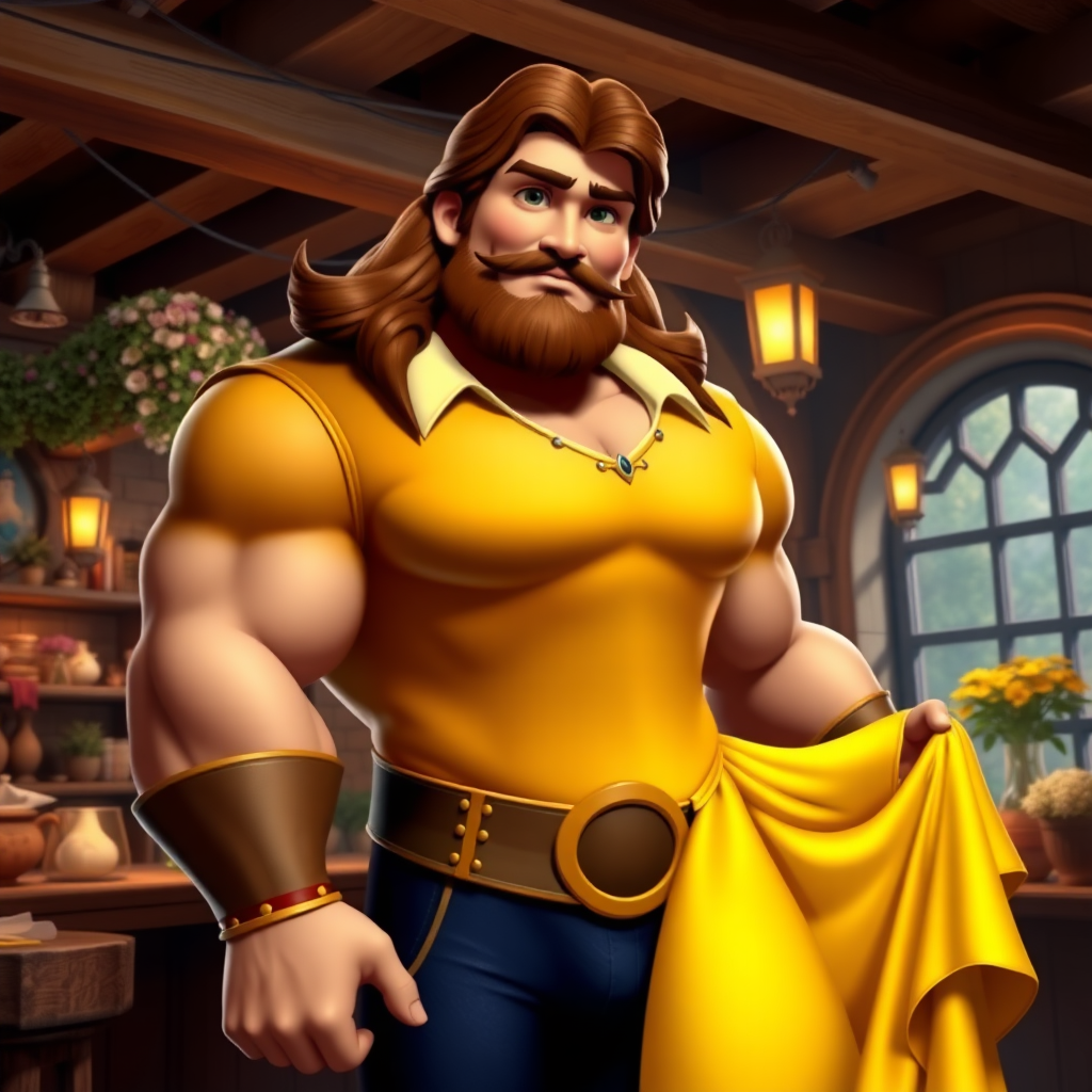 Create a full-length photorealistic image of a mashup character featuring Belle's head and hairstyle on Gaston’s muscular body. Retain Belle’s facial features and iconic yellow gown, adjusted to fit Gaston’s physique. The background should combine elements of Belle’s vibrant village and Gaston’s rustic tavern, showcasing wooden beams, flowers, and enchanted objects. Highlight the contrast between the enchanted world and Gaston’s rugged charm, creating a dynamic scene that brings both characters to life while emphasizing their distinctive traits.