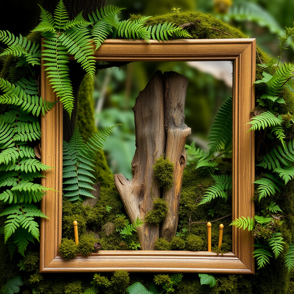 A picture frame is filled with ferns and moss, with a piece of dead wood standing upright in the middle.