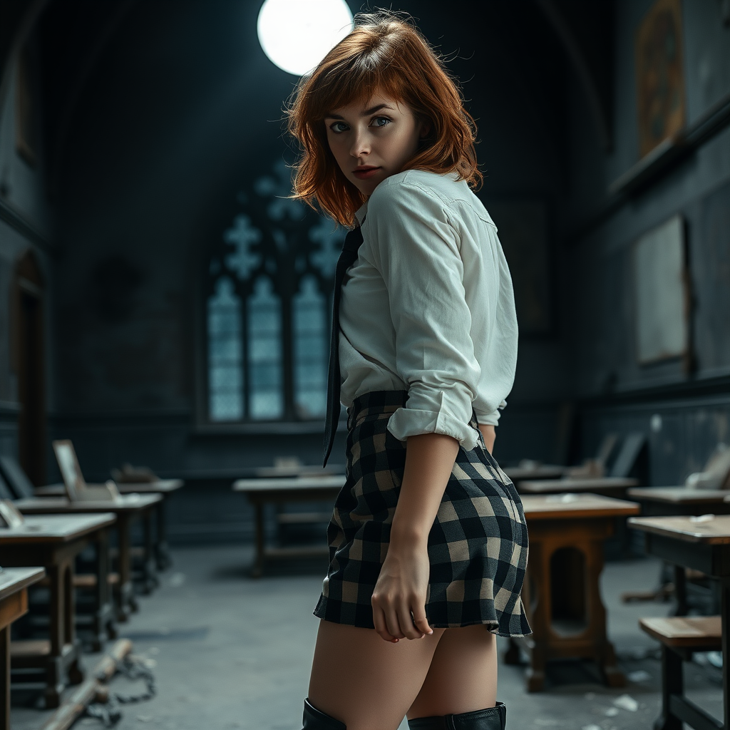 emma watson as hermione granger, midnight, 18 year old, tousled hair, seductive, very white skin, natural makeup, overknee boots made from leather, short checkered miniskirt, volumptous butt, ripped white linen shirt, necktie, flat chest, looking cravingly at viewer over shoulder, full body shot, seductive, teasing, dark and moody, skin details, skin imperfections, dirty and abandoned hogwarts classroom in background, pale moonlight, photorealistic, ultra high resolution, 16K, viewed from side, suggestive pose