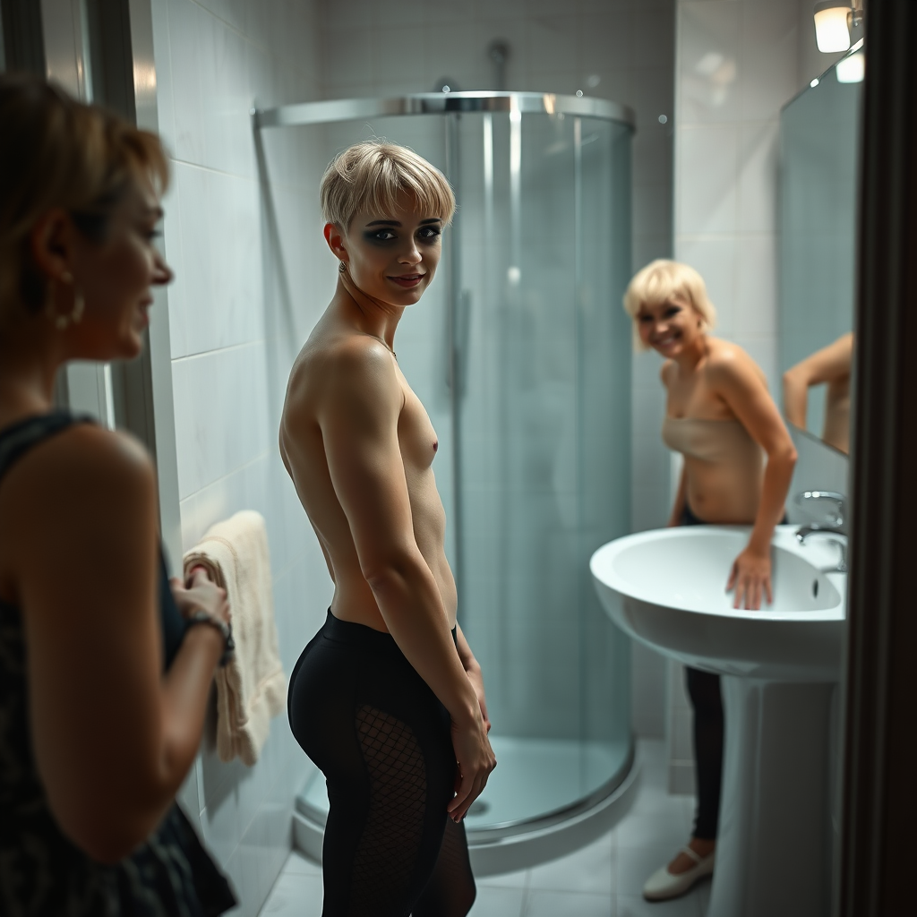 photorealistic, ultra high resolution, 16K, surreal fantasy, studio lighting, a 35 year old mother who is fully dressed for work is watching her pretty 14 year old goth son, slim male physique, short blonde hair, goth makeup, earrings, pantyhose, white ballet shoes, in the bathroom, excited smile, facing the camera.