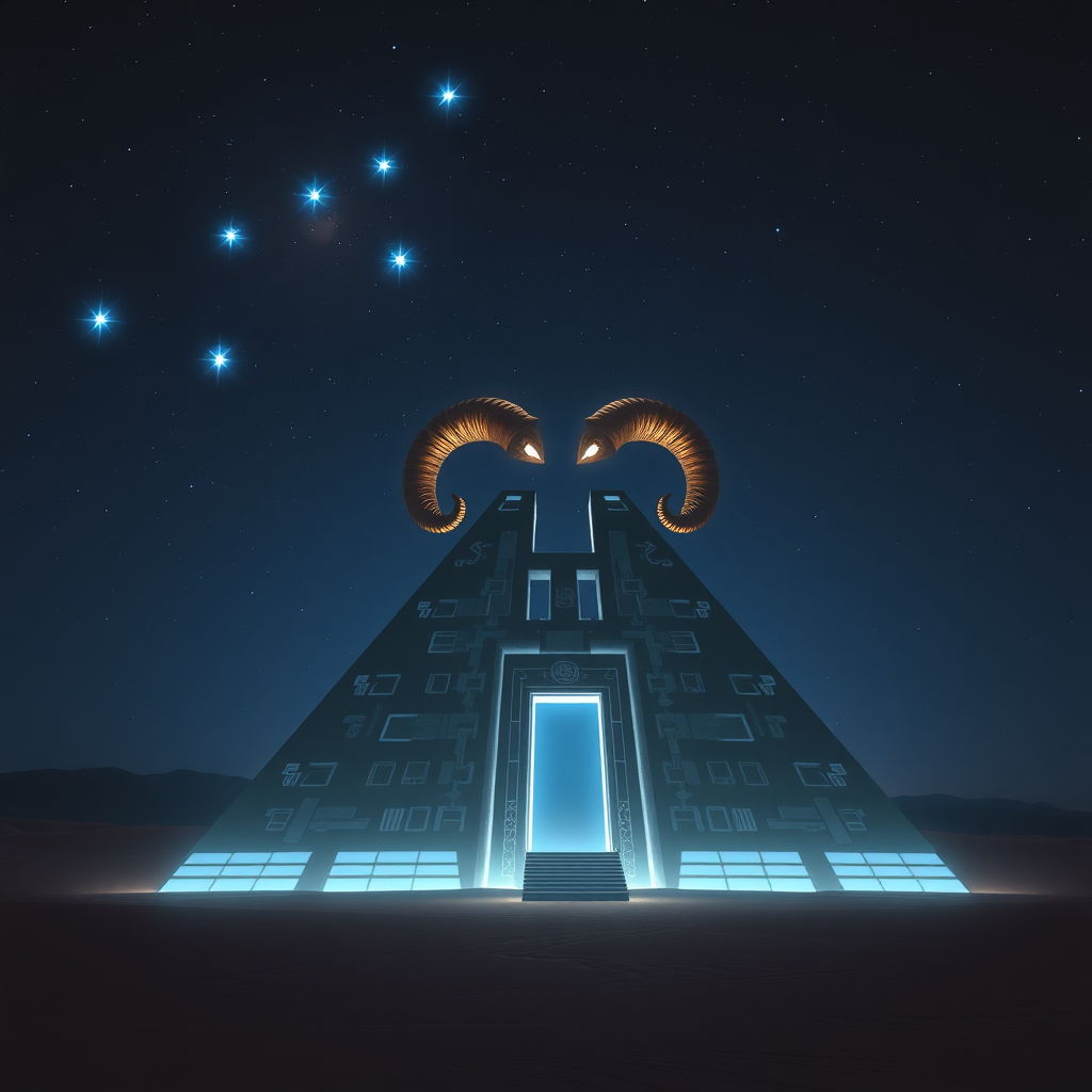 The scene depicts a dark desert at night, illuminated by the seven blue stars of the Pleiades constellation in the sky. In the foreground stands a colossal technological ziggurat, reminiscent of an ancient temple, characterized by its striking black and white design. The holographic entrance is uniquely shaped to resemble a female vaginal form, while atop the structure rests a golden ram's horn, featuring two fiery eyes that seem to glow with intensity.