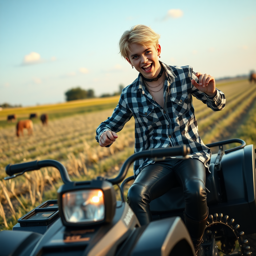 photorealistic, ultra high resolution, 16K, surreal fantasy, soft studio lighting, Tyler Swift is a pretty 14 year old goth male, slim male physique, blonde hair, blue eyes, vampire long canine teeth, goth makeup, earrings, shiny black pantyhose, stiletto knee high boots, checked shirt, spikey neck collar chain, riding a quadbike on a farm during daytime, excited open mouth smile, bulging crotch, facing the camera.