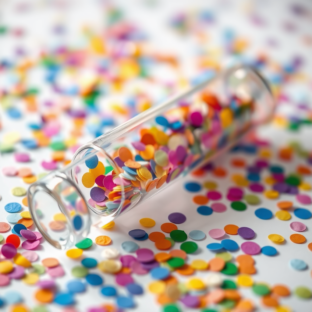 A photo of a glass fat transparent plain uniform confetti popper tube with colorful confetti inside, lying flat at an angle, with confetti around it, distant confetti blurred, reflections on the tube glass, tube closed from both ends