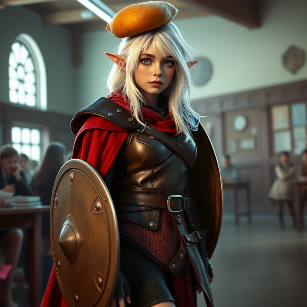 A twenty-something elf girl like (Ana de Armas). Messy shoulder-length white hair. Wide triangular shoulder pads, flowing cloak, leather armor, shield, skirt, high-heel ankle boots. She is at a school. There is a potato on her head. WLOP style. Photorealistic digital matte painting, highly detailed, film grain, lens flare, chromatic aberration.