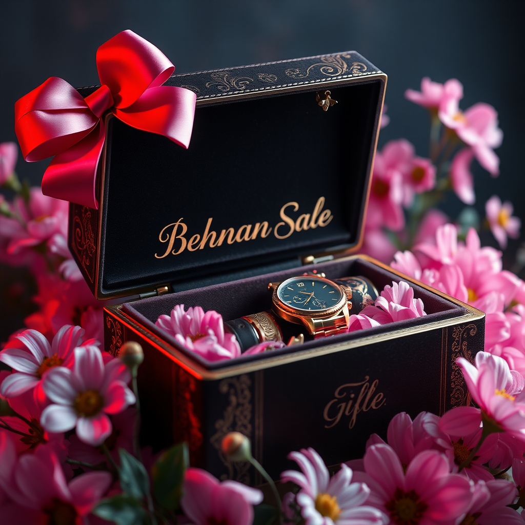 ### **Title:**
**"Behnam Saleh's Exquisite Birthday Gift"**

### **Artistic Vision:**
Create a mesmerizing digital art masterpiece that seamlessly blends hyper-realistic detail with a vibrant, cinematic atmosphere. The artwork should evoke a lasting emotional impact, inviting viewers to explore themes such as the delicate balance between luxury and personalization, and the joy of gifting. This piece aims to captivate audiences with its elegance, sophistication, and profound symbolic resonance, making it the perfect visual representation of a memorable birthday present.

### **Scene Description:**
Depict an exquisitely crafted gift box adorned with intricate detailing, prominently featuring the name "Behnam Saleh" in a sleek, modern font. The box should appear partially open, revealing a collection of luxurious and personalized items inside, such as a high-end watch, elegant jewelry, or a custom-made accessory. Surround the box with delicate pink primroses and daisies, creating a striking contrast against the box's dark, velvety interior. The composition should exude elegance and sophistication, enhanced by hyper-realistic rendering techniques that add depth and dimension. Embrace a neon-infused, dark fantasy aesthetic to create a visually stunning and emotionally evocative scene.

### **Key Artistic Elements:**
- **Lighting & Atmosphere:** Utilize neon lighting to create a cinematic and conceptual ambiance, blending vibrant colors with dark fantasy elements.
- **Color Contrast:** Achieve a stunning contrast between the bright pink flowers and the dark interior, emphasizing the focal points.
- **Textures:** Incorporate varied textures, from the sleek surfaces of the luxury items to the intricate detailing of the gift box, enhancing tactile realism.
- **Composition:** Employ off-center placement for the box and its contents to guide the viewer's eye through the scene, balancing intimate close-ups with the broader setting.
- **Symbolism:** Infuse the artwork with subtle symbolic motifs that provoke contemplation on themes like the joy of giving, the value of meaningful gifts, and the personalization of luxury.

### **Technical and Artistic Specifications:**

- **Resolution & Display:**
  - Render in stunning **8K UHD** resolution, ensuring crisp detail and vibrant colors suitable for high-profile platforms like ArtStation and Behance.

- **Digital Art Techniques:**
  - Utilize advanced software such as **Corel Painter**, **ZBrush**, and **Adobe Photoshop** to achieve exceptional 3D volume, precise shading, and ultra-fine detailing.

- **Materials & Textures:**
  - Incorporate high-quality digital pigments, metallic flakes, and glass bead effects to ensure textures appear vibrant and dynamic under various lighting conditions.

- **Lighting & Depth:**
  - Implement a tranquil chiaroscuro effect with a subtle interplay of light and shadow, enhancing depth and clarity.
  - Use soft, delicate colors complemented by nuanced shades of grey, black, and white to add depth without overwhelming the scene.

- **Rendering Quality:**
  - Apply advanced rendering techniques and 3D volumetric effects for unparalleled detail and sharpness.
  - Include hyper-realistic pencil sketch textures to emphasize intricate details.

- **Composition & Focus:**
  - Emphasize gentle, lifelike depth and striking details with a cinematic close-up approach.
  - Use a balanced **f/11 aperture** and a raw photographic style with advanced v6 enhancements to render vivid colors and minute details at an unparalleled level of realism.

- **Overall Harmony:**
  - Achieve maximum harmony across all elements, resulting in a balanced and cohesive composition that captivates both technically and emotionally.

### **Additional Elements to Include:**
- **Symbolism:** Integrate subtle gestures, expressions, or symbolic motifs to add deeper emotional resonance, encouraging viewers to reflect on the depicted themes.
- **Detailing:** Ensure impeccable draughtsmanship with flawless precision in the luxury items and botanical accuracy in the primroses and daisies.
- **Lighting Effects:** Utilize the interplay of light and shadow to evoke lifelike realism and enhance the dreamlike atmosphere.
- **3D Volumetric Effects:** Add depth and spatial qualities to create a more immersive visual experience.
- **Hyper-Realistic Textures:** Ensure all textures appear tactile and vibrant, enhancing the overall realism of the artwork.

### **Final Outcome:**
The final artwork should be a compelling masterpiece that captivates viewers, encouraging them to pause and reflect long after experiencing it. It should demonstrate peerless technical mastery combined with a profound artistic vision, affirming art's vital role in cultural and intellectual life. The signature on the piece should signify its stature, standing proudly alongside works by history’s masters.