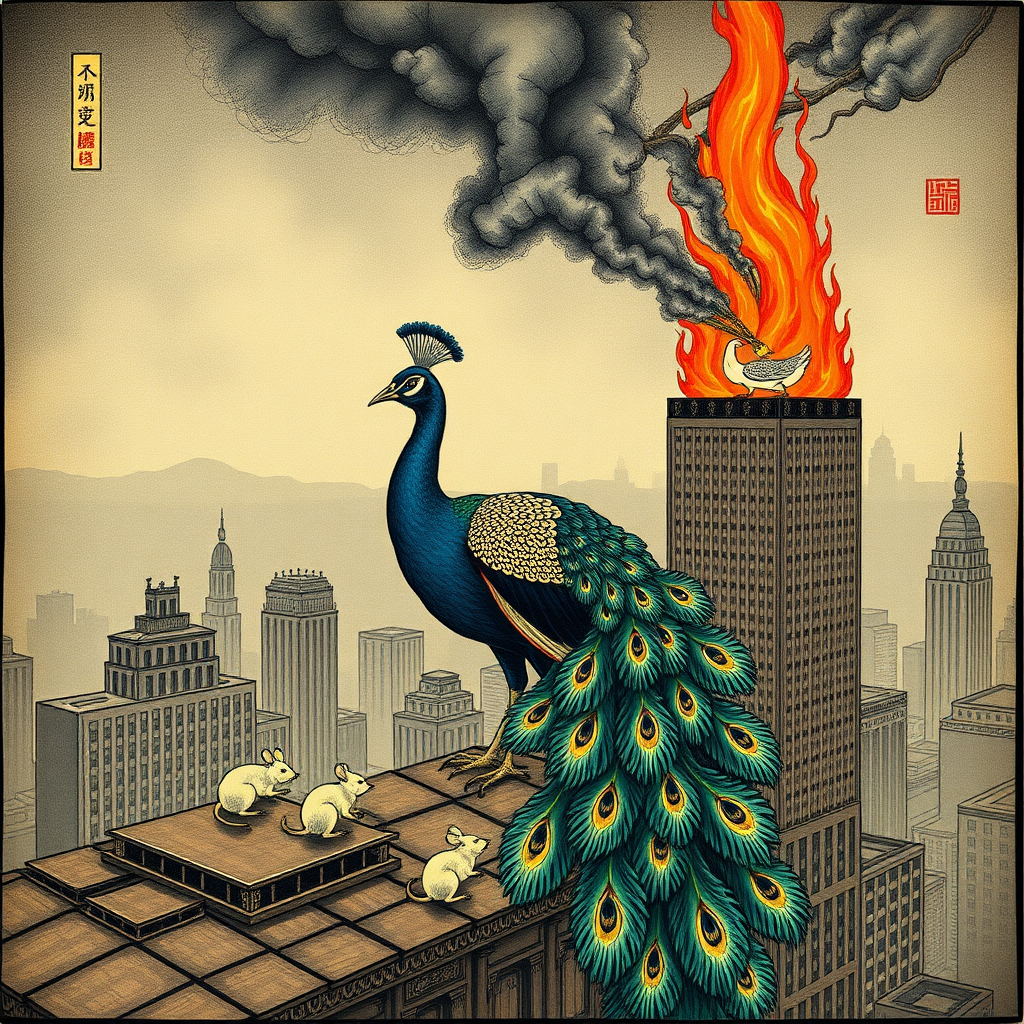 A peacock saving rats from a burning skyscraper, Chinese woodcut, Catholic