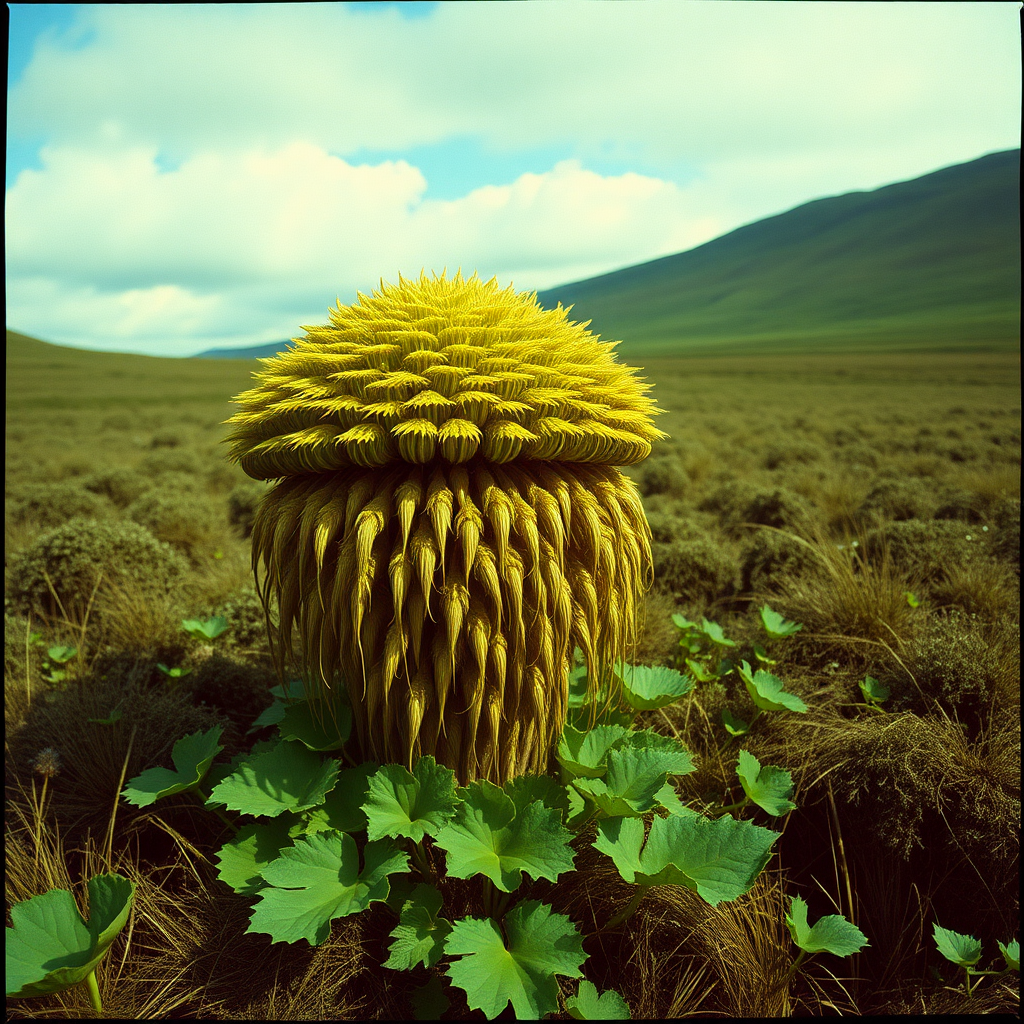 highly detailed Kodachrome color real British surrealist photograph from 1971 of Long ago in the Russian hills A Victorian explorer found The regal Hogweed by a marsh He captured it and brought it home