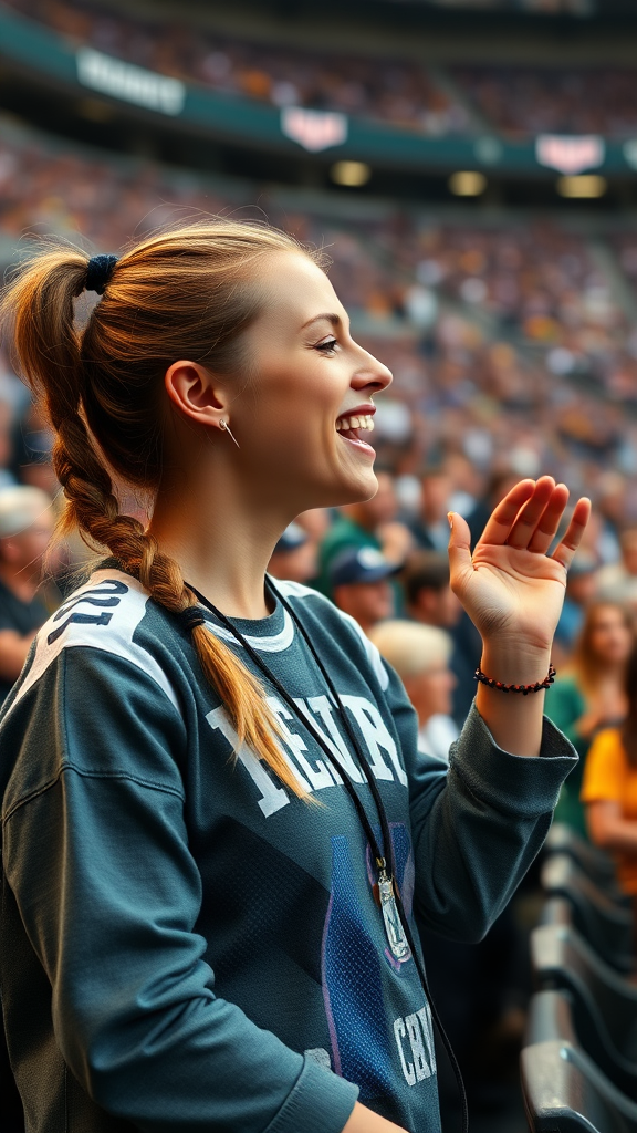 Attractive female NFL fan, pigtail hair, cheering, at crowded bleacher row, rejoicing