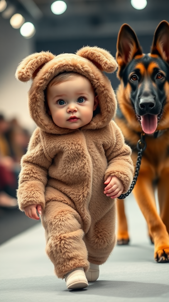 A cute small chubby fair baby with big eyes, pink lips, and pink cheeks, wearing a furry cozy dog costume, doing a ramp walk in a fashion show, walking alongside a real German Shepherd dog while holding the dog's collar chain, cinematic.