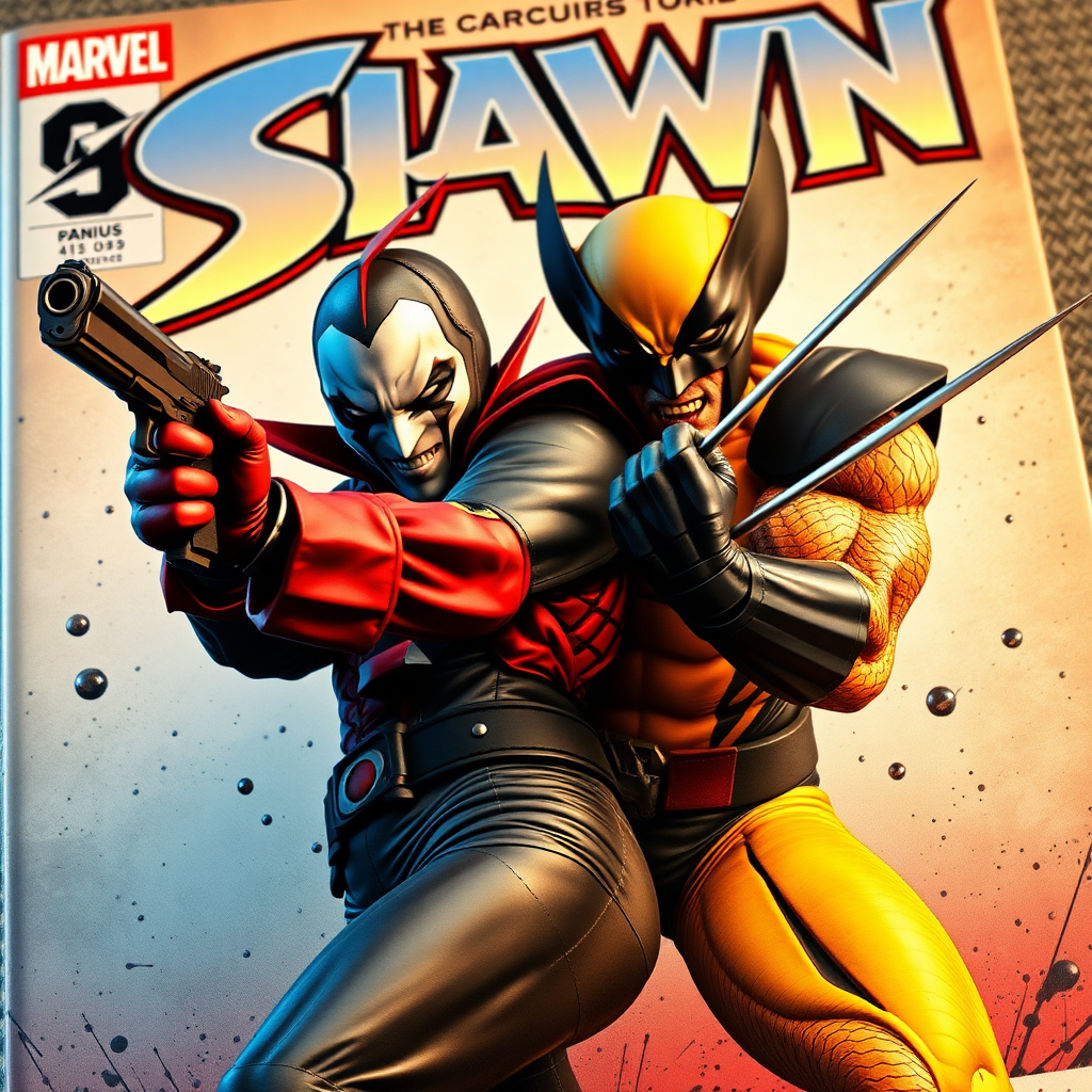 On a comic book cover is Spawn holding a gun Vs Wolverine in Cinematic Real3d photo-realistic quality.