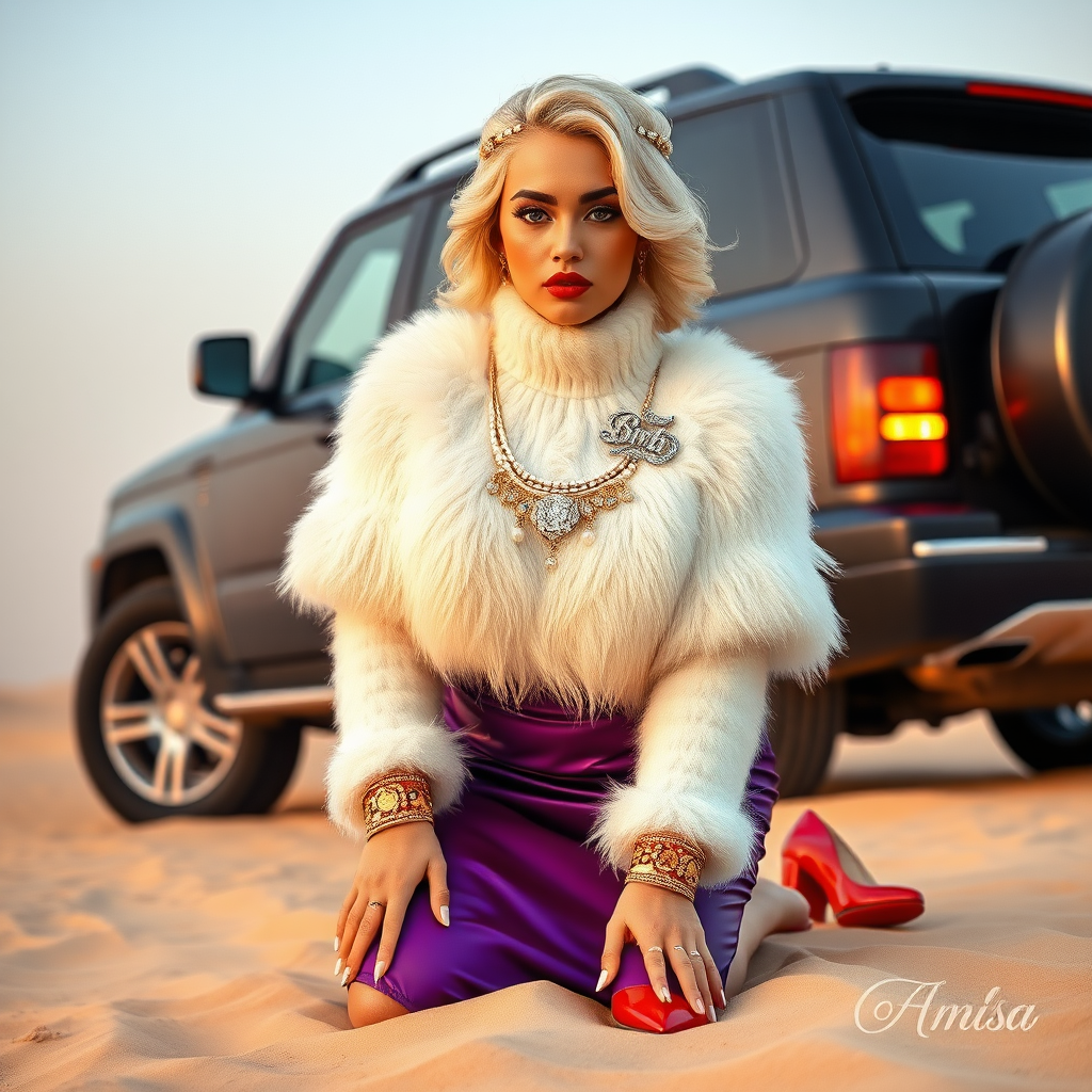 Kuwait desert dunes misty dawn, full size luxury SUV: Melissa, European 17 years old very convincing femboy “trophy-bimbo”, tamed servile docile, very beautiful feminine flawless face, rather short, by hormones very curvaceous womanly figured, platinum blond short tight curls, bold red lips, long white French nails, heavily made-up face, wearing Supertanya-style fluffy very fuzzy bright white angora turtleneck-poncho cropped ending under bust decorated with pearls and glass stones, very tight purple vinyl midi pencil skirt, bright red pumps with golden very high heels, white pearl belly piercing, full Oriental bridal jewelry including headpiece, nose-ring, coin wristlets, coin anklets, striking diamond “Bimbo” letter brooch on left chest, thick heavy pearl wristlets, pearl anklets, pout frustrated, kneeling in sand in front of SUV, looking at camera. Focus on face and turtleneck-poncho.