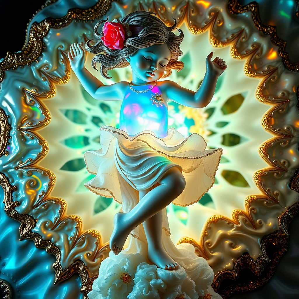 preteen girl statue in dynamic pose, porcelain doll, mandelbulb fractal, ultra-detailed, dynamic composition, artistic photograph, geode, alabaster, fractal, brilliant colors, glittering, illumination, transparency, translucent, opal, turquoise, gold, romanticism, sharp focus, pottery, floral, mother of pearl, iridescent, reflective, glossy