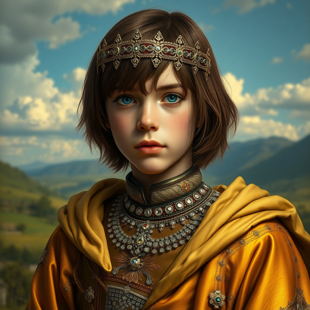 16yo teen boy prince, long bob cut, embroidered with gold and diamonds medieval cloths, diamond diadem, and Beautiful War. Free style by FLUX photorealistic. The background is in the style of landscape style by Antonio del Polaiolo, ultra high resolution, 16K,