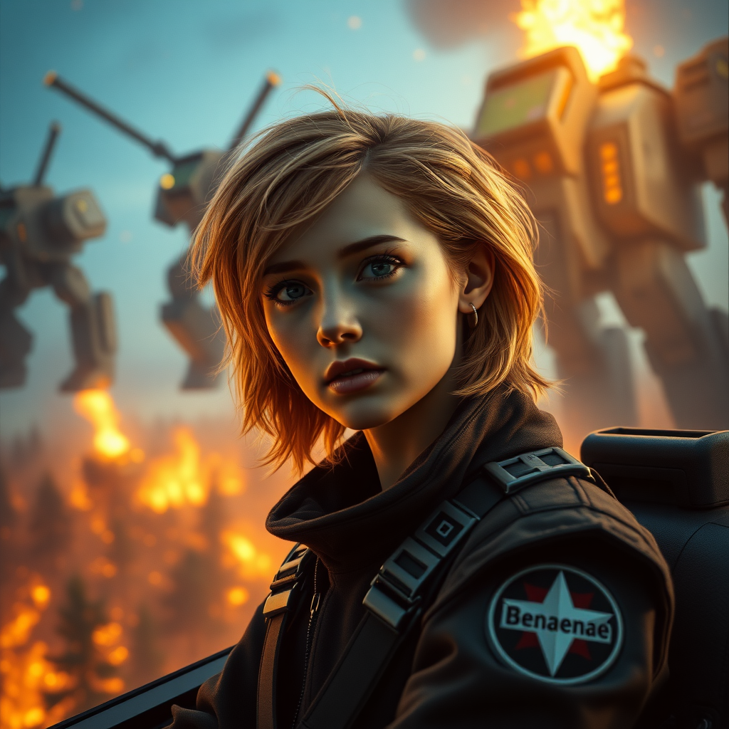 A girl with a face like (Ana de Armas), pale, no makeup, messy shoulder-length strawberry blonde hair, athletic, wearing a flight suit, "Benaenae" badge on the pocket. She is in a mech cockpit, and there is an intense battle between giant robots towering above the trees of a forest on fire. Hyperrealistic, dawn, film grain.