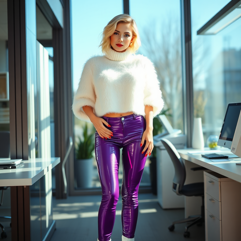 Sunny spring morning, modern glass-steel-concrete office, standing gracefully at Xerox: Nina, 17 years old very convincing femboy, tamed servile docile, very beautiful feminine flawless face, rather short, by hormones very curvaceous womanly figured, platinum blond short tight curls, French nails, bold red lips, heavily made-up face, wearing Supertanya-style fluffy very fuzzy bright white angora extremely cropped turtleneck-poncho fully barely covering bust, purple shiny vinyl leggings, white boots with golden high heels, white pearl belly piercing, gold earrings, seductively looking at camera. Full view.