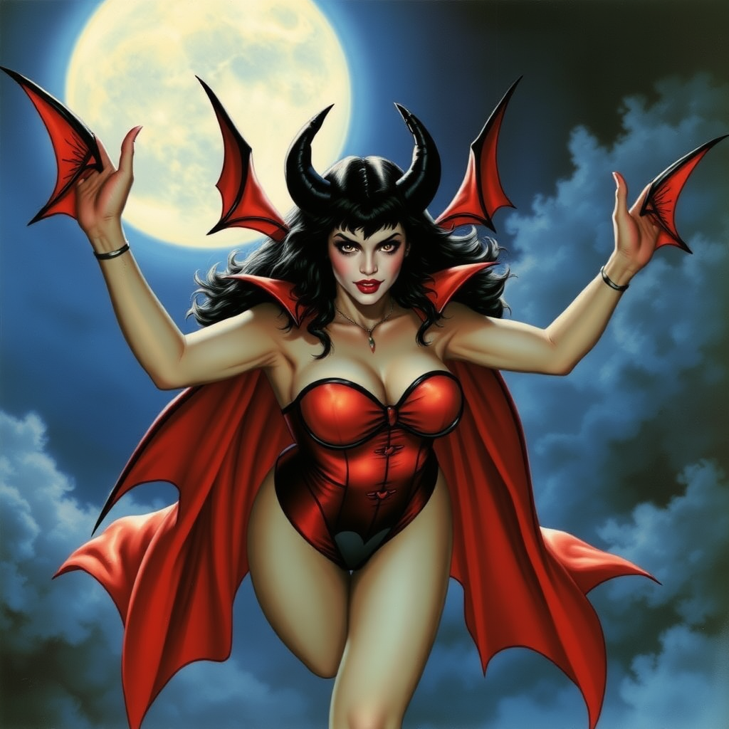 Imagine: Vampirella staring wickedly; her outfit is designed to entice. She's flying high in a dark, moonlit sky. The scene is terrifying with the art styling of Brian Froud. Cosplayed by a young Drew Barrymore.