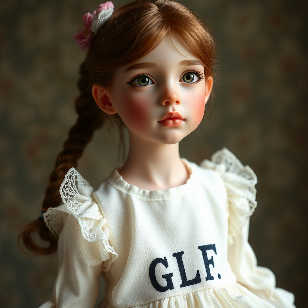 ooak art doll, artist doll, realistic doll, life-like porcelain doll, young preteen girl, unique personality, bisque doll, text "GLF" on dress, aesthetic, artistic photography, sunshine