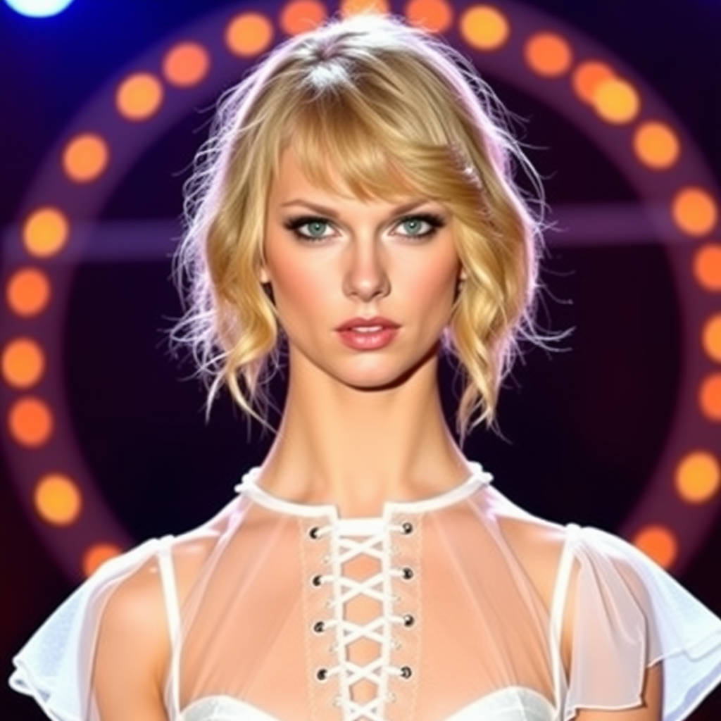 Taylor Swift on stage, blonde hair, green eyes neon, mouth closed with a sarcastic expression of irony, translucent white dress and white lace up high heels, front posing,