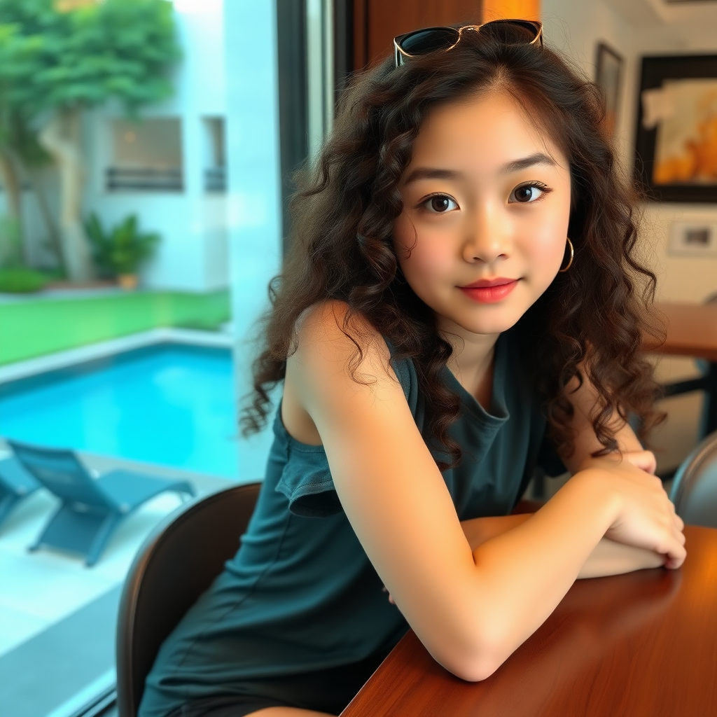 A young, 18-year-old beautiful Xiaohongshu blogger, with fair skin, big eyes, long curly hair, an oval face, and very thin, is sitting in a café, leaning on the table, with a view of green grass and a swimming pool outside the window.