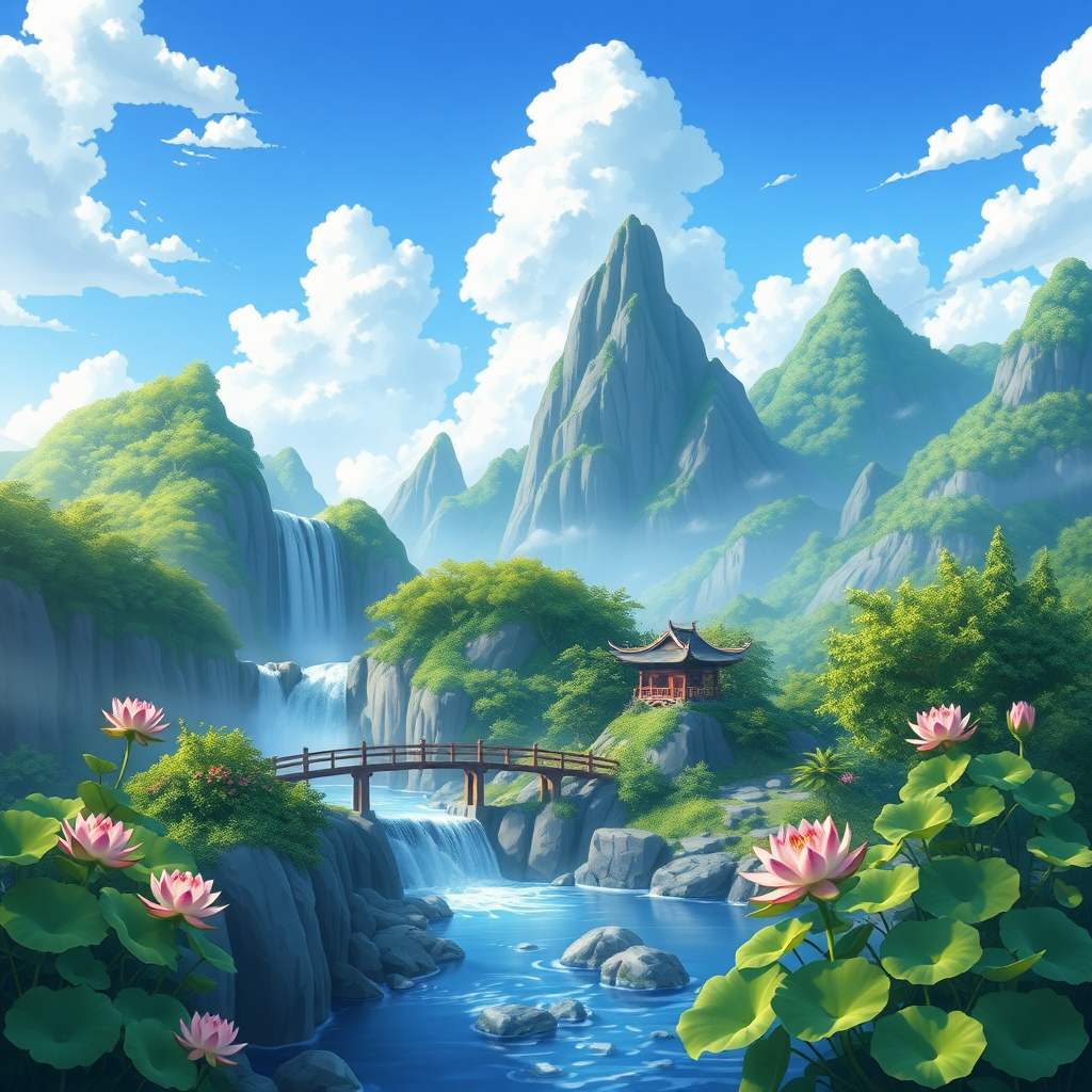 Masterpiece, highest resolution, highest quality, HD high definition, high mountains, green forests, waterfalls, flowing water, small bridges, lotus flowers, lotus leaves, blue sky and white clouds, cartoon landscape style.