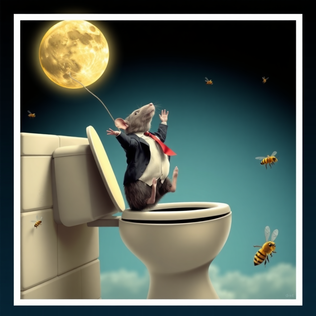 A rat politician diving off the moon into a toilet, bees, 2000s musical movie poster, no text