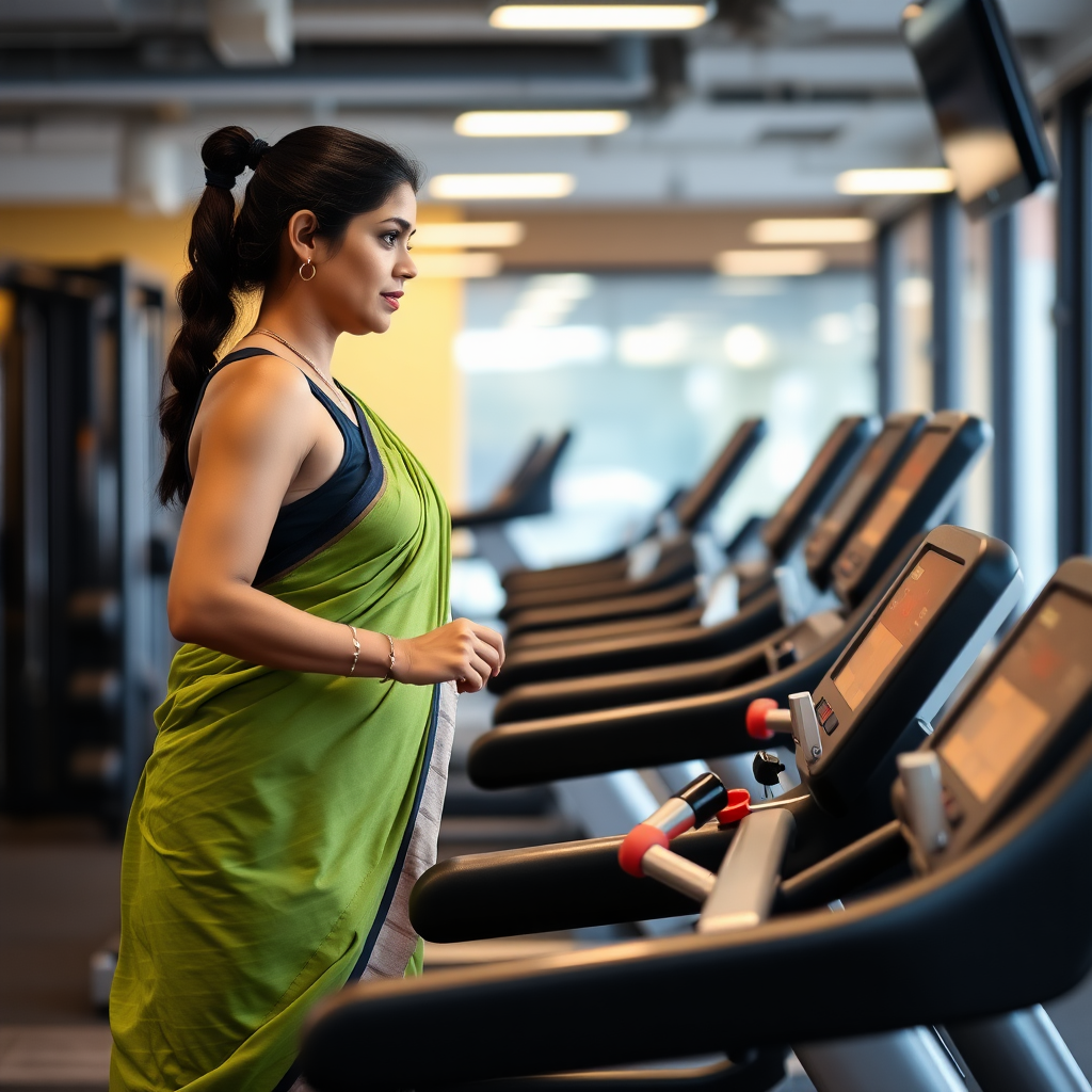 Indian wife, working out on Treadmill in gym