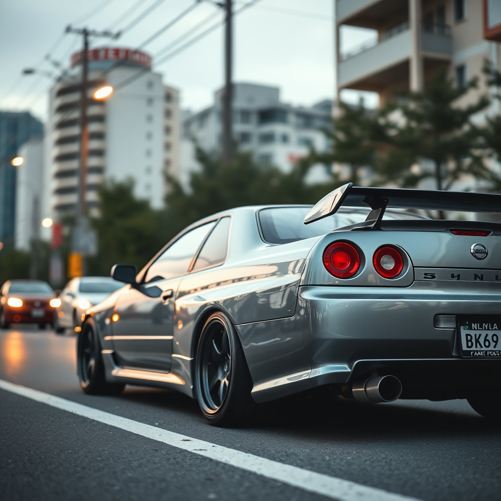 The car is parked on the side of the road, inspired by Taiyō Matsumoto, tumblr, restomod, nd4, c4 metallic shine gray black nissan skyline r34 tokyo gece cosplay kadınlar arkaplan hatasız ayrıntılı genel gerçek detaylar