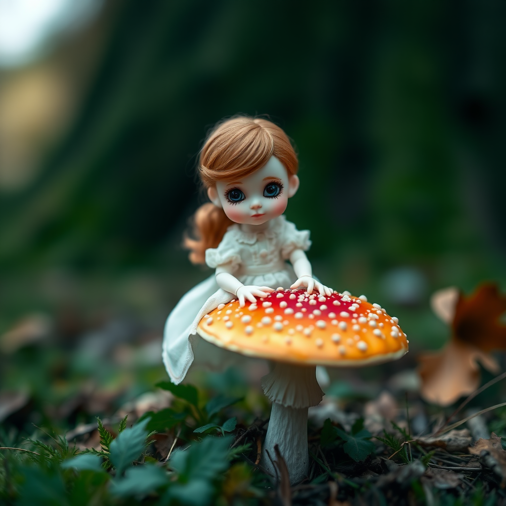 ooak art doll sitting on a amanita mushroom in nature, shy flirting with the camera, questioning look, bisque doll, artist doll, realistic doll, life-like porcelain doll, handmade, one of a kind, focus stacking, abstract, minimalist art, in focus, hyperfocal, bisque porcelain, Victorian dress, symmetric, sacred geometry, original, unique personality, dynamic, cinematic scene, centered, zoom shot, dept of field, low key lighting, preteen ginger girl, balanced colors, Alice in wonderland